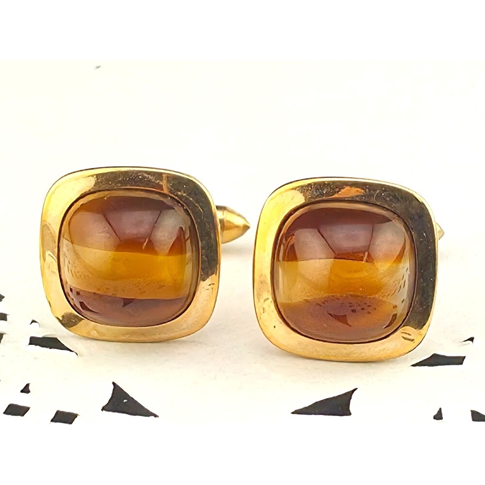 Vintage Correct Quality Amber Glass Cat Tiger Eye Cabochon Cufflinks Gold Plated